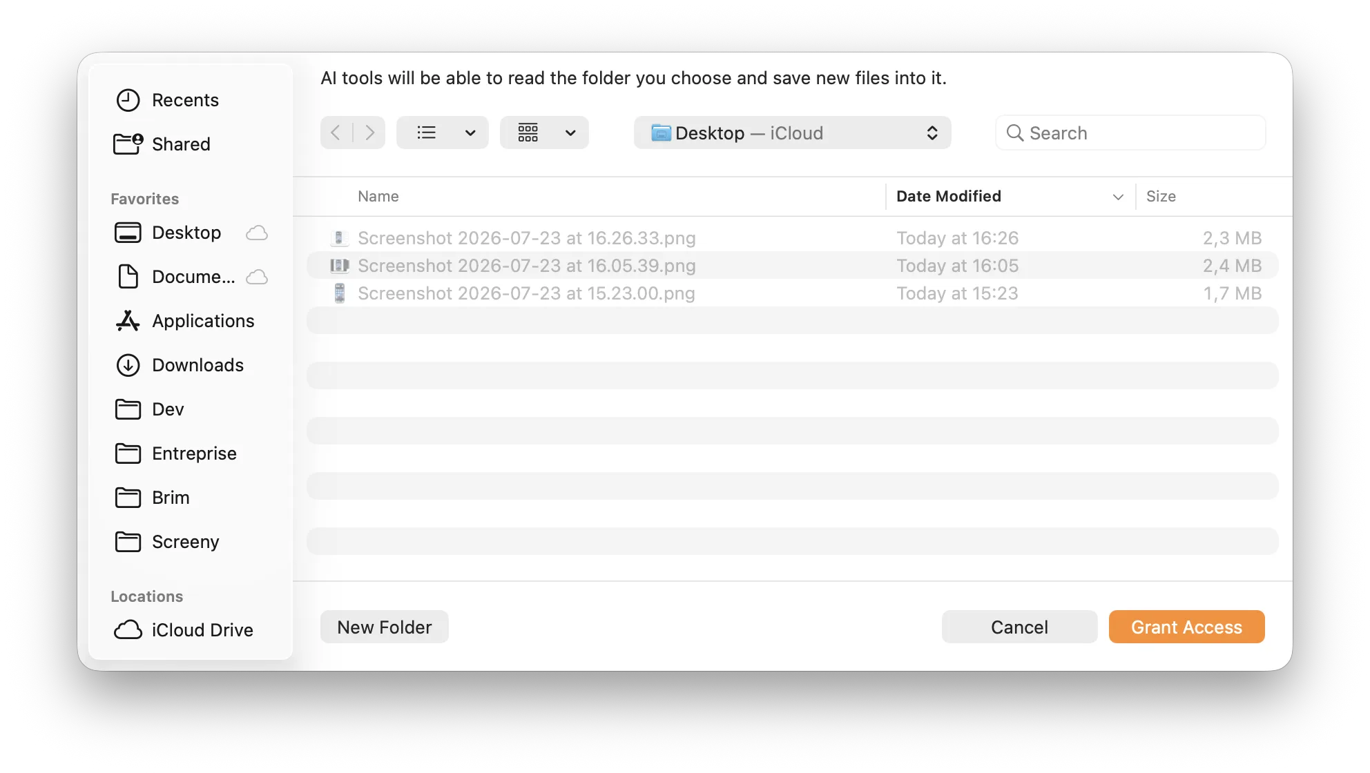 The native macOS folder access panel, pre-navigated to the Desktop, with a Grant Access button and the text "AI tools will be able to read the folder you choose and save new files into it."