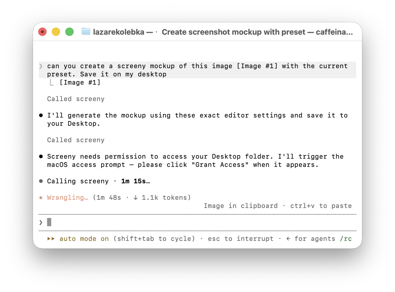 A Claude Code session where the user asks Screeny to create a mockup with the current preset and save it to the Desktop; Claude reports that Screeny needs permission to access the Desktop folder and will trigger the macOS access prompt