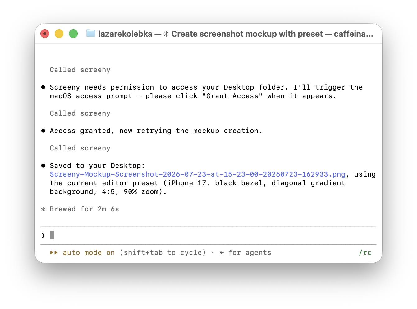 The same Claude Code session confirming access was granted and the mockup was saved to the Desktop, listing the device, bezel color, background, and zoom used from the current preset