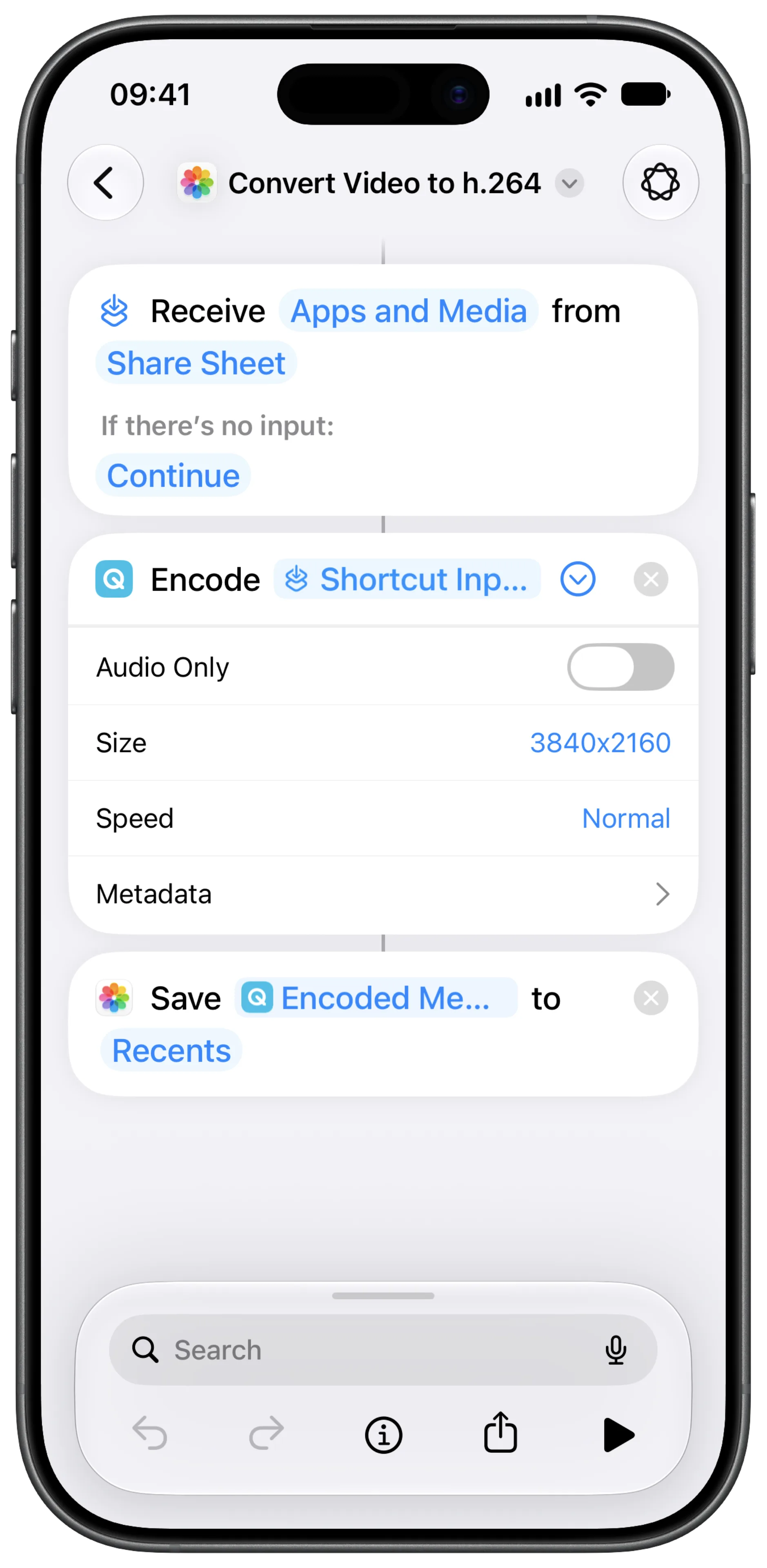 The finished shortcut: Receive Apps and Media from Share Sheet, Encode Shortcut Input with Size set to 3840x2160, and Save Encoded Media to Recents
