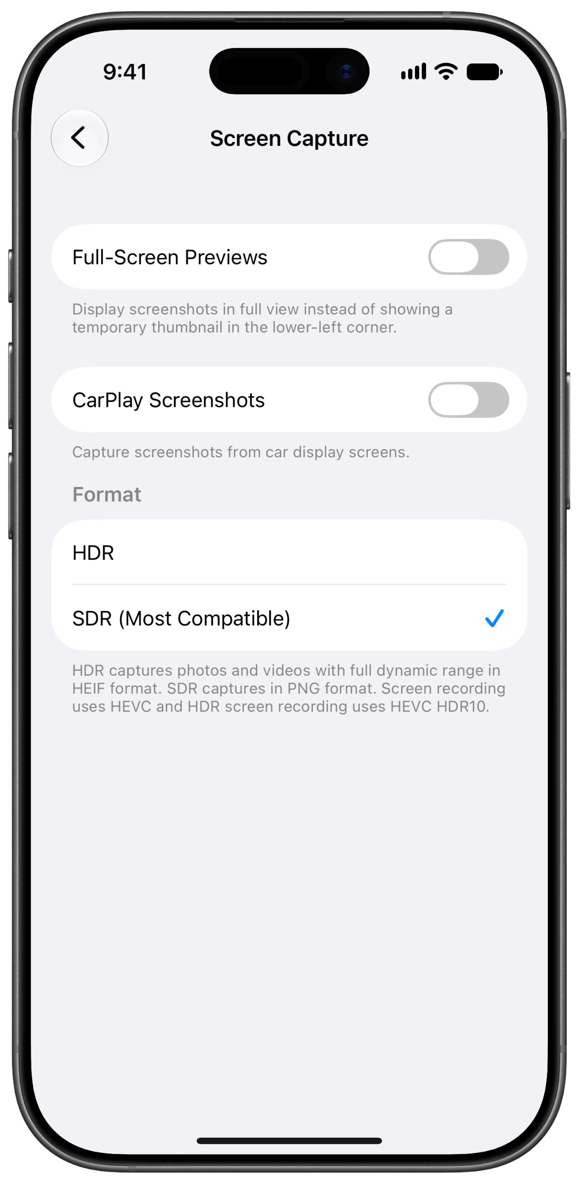 The Screen Capture settings on iPhone, with Format set to SDR (Most Compatible) instead of HDR