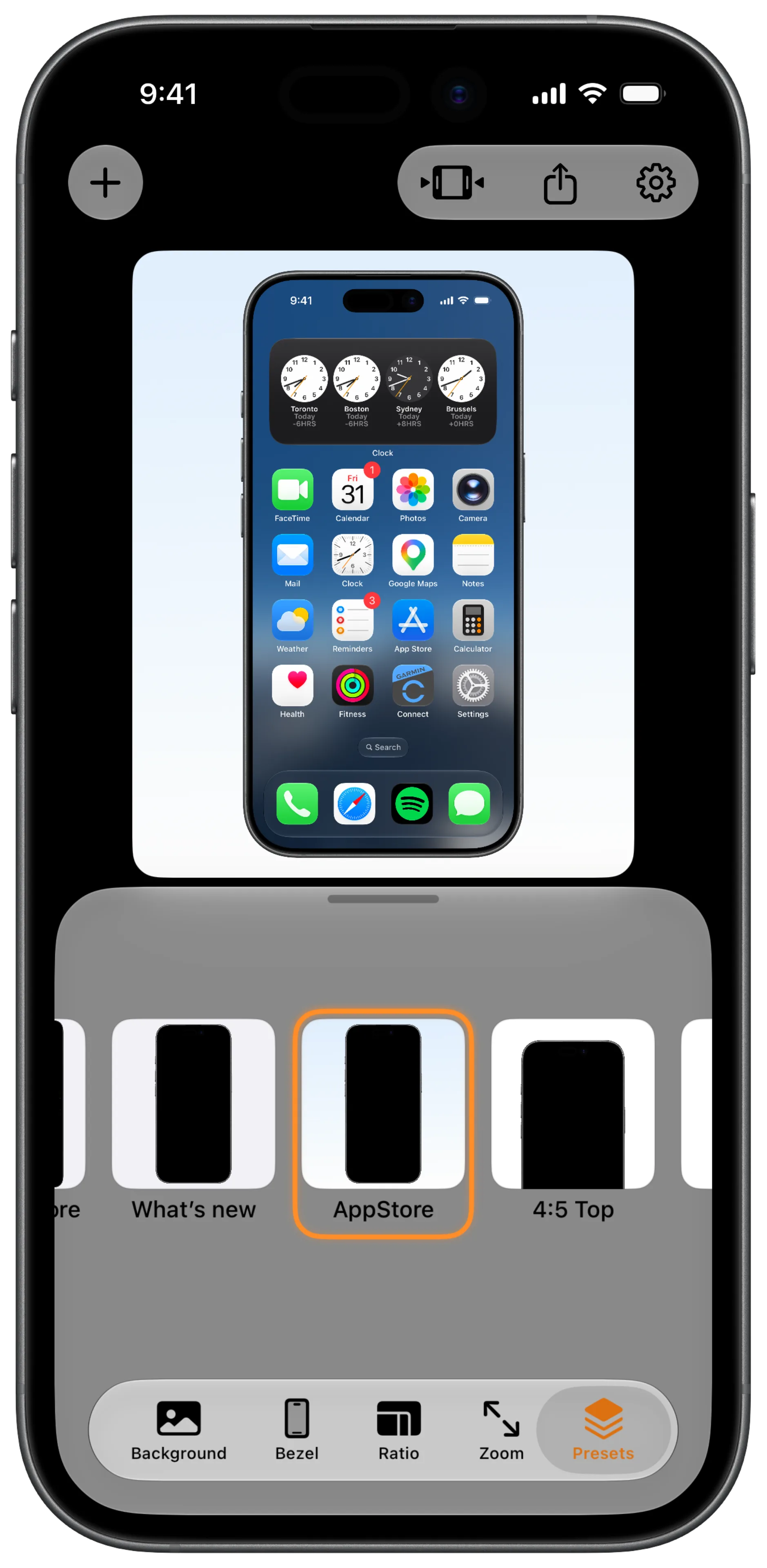 Screeny's preset picker with the App Store layout selected among What's New and 4:5 Top presets