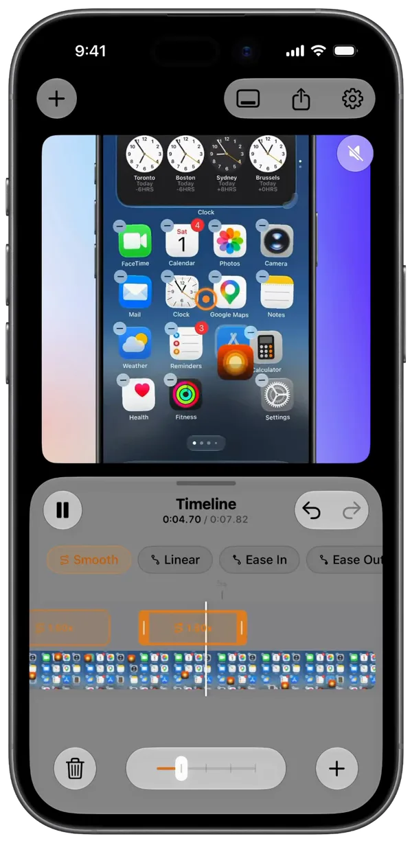Screeny's keyframe timeline with two zoom blocks on a filmstrip, the Smooth easing option selected, and the playhead partway through the clip