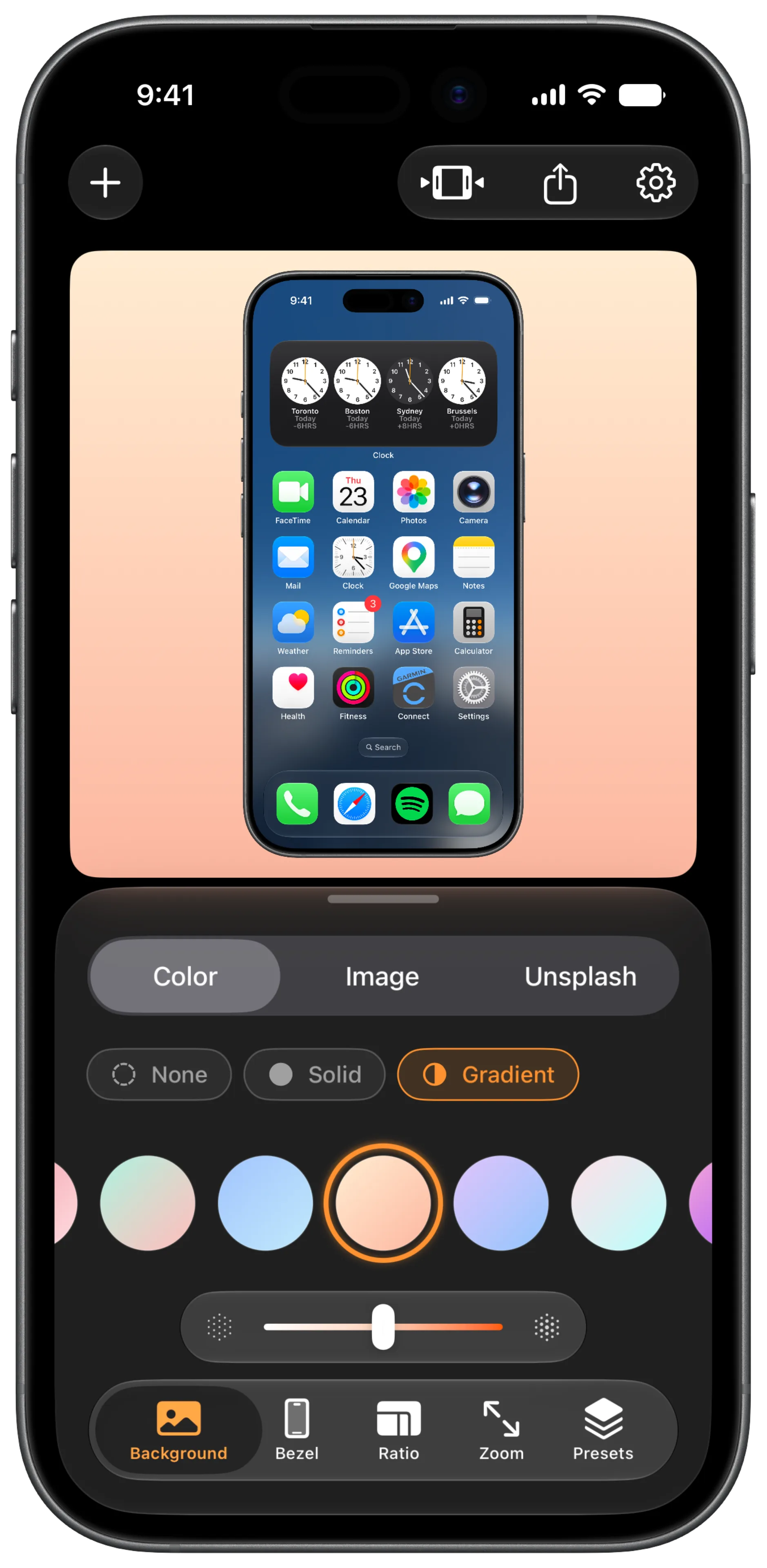 Screeny's own framed mockup for the English hero screenshot: a real iPhone bezel around the Background editor screen, no hand yet