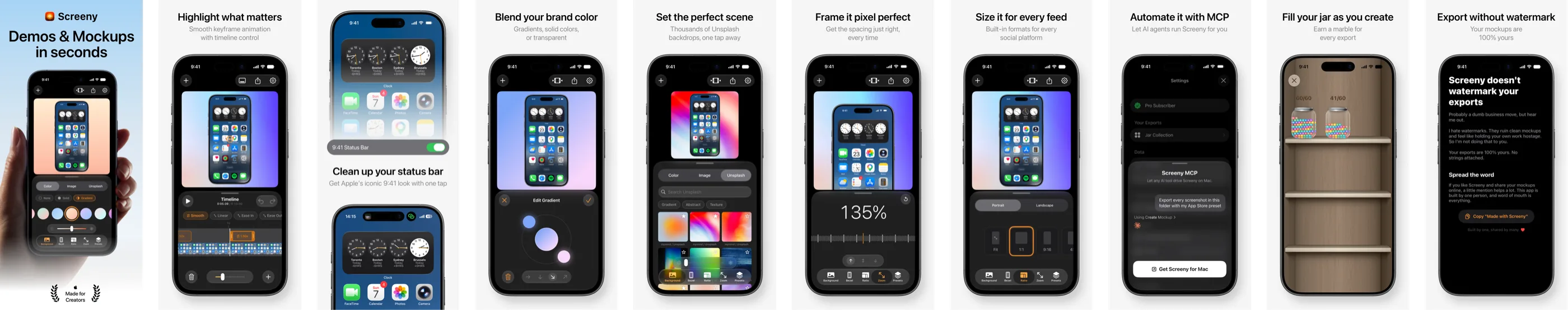 The ten English iPhone screenshots in Screeny's App Store listing, side by side, each with a headline above a framed phone