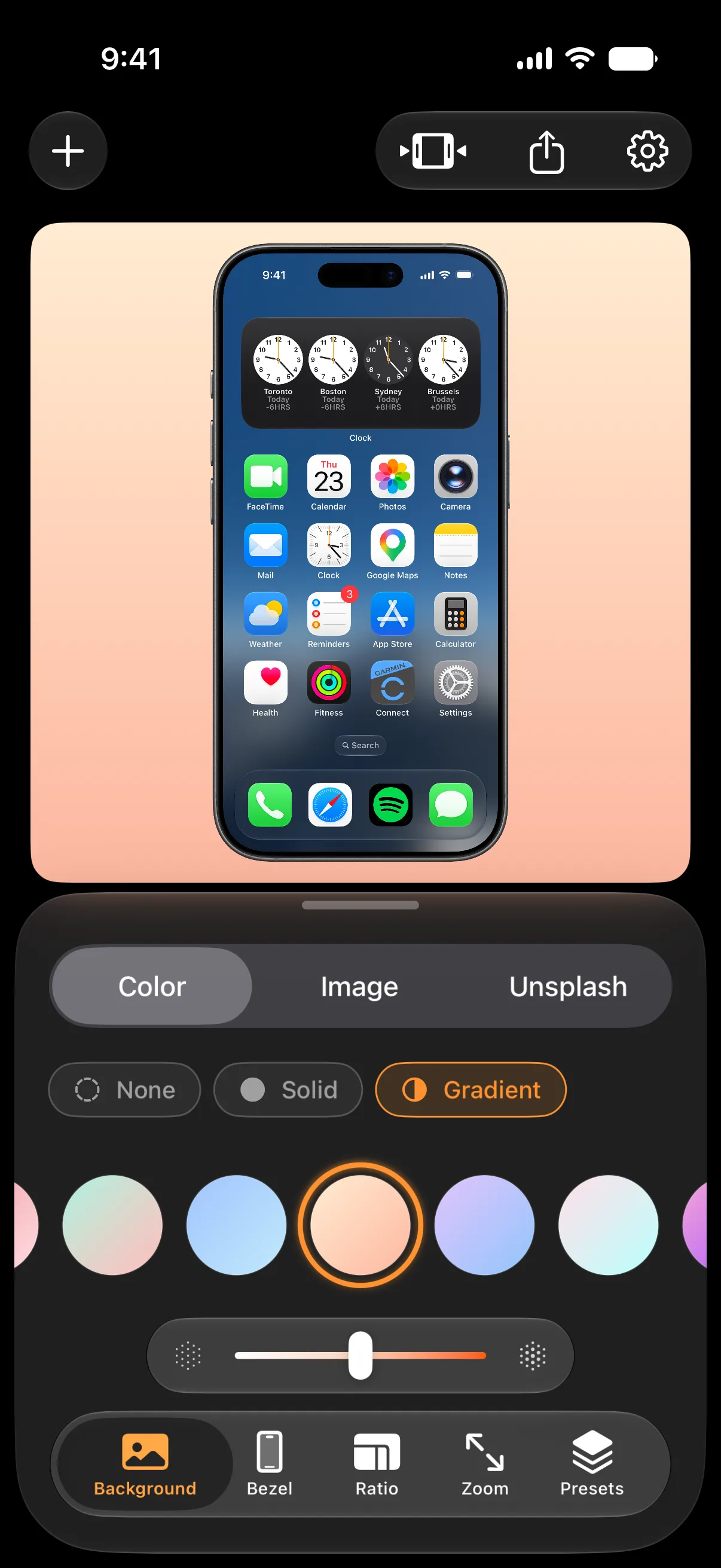 A raw simulator capture of Screeny's Background editor tab in English, showing Color, Image and Unsplash source options with Gradient selected