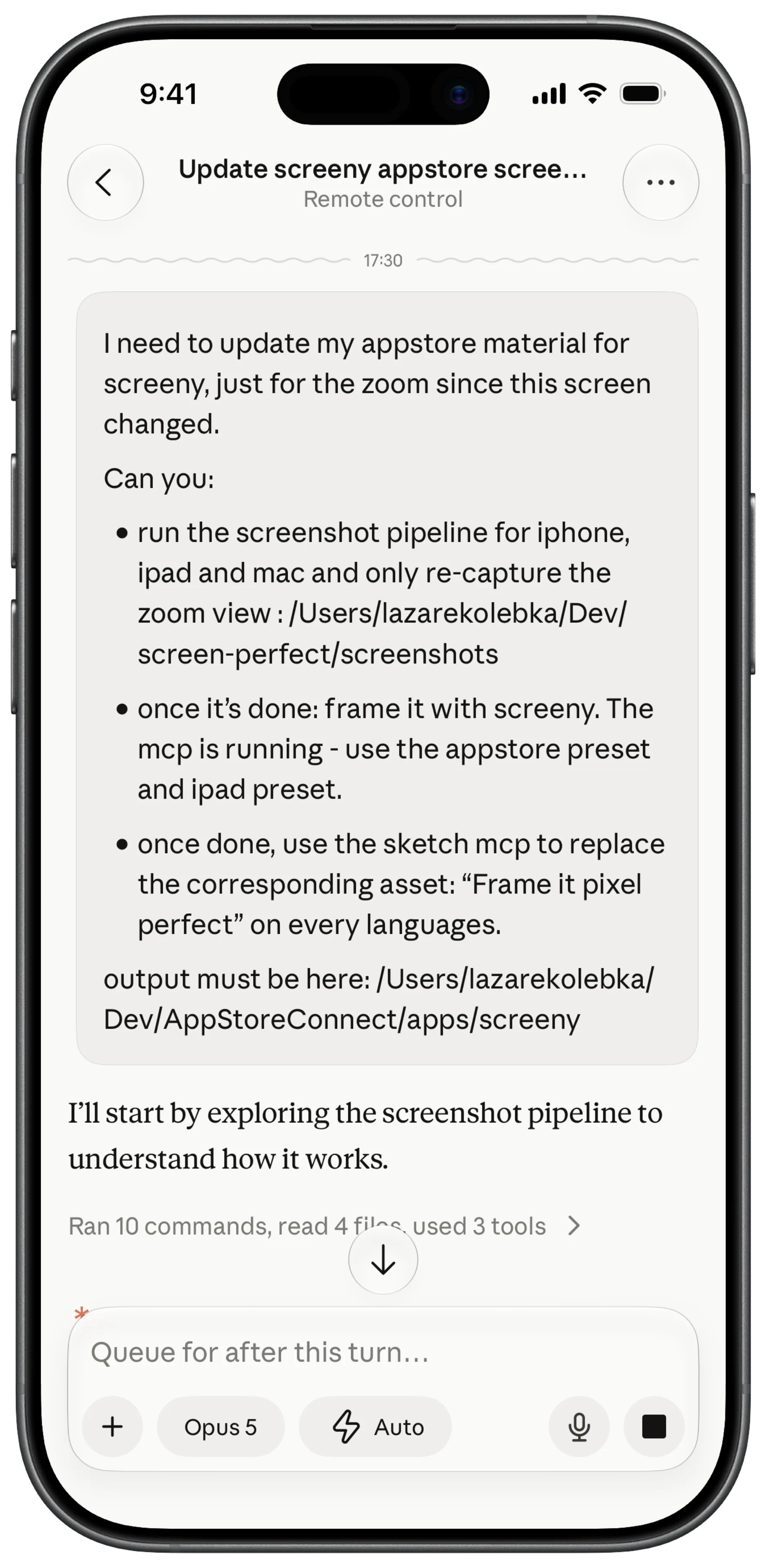 A Claude Code remote control session on an iPhone. The prompt reads: update my appstore material for screeny, just for the zoom since this screen changed. Run the screenshot pipeline for iphone, ipad and mac and only re-capture the zoom view. Once it's done, frame it with screeny, the mcp is running, use the appstore preset and ipad preset. Once done, use the sketch mcp to replace the corresponding asset, Frame it pixel perfect, on every language.