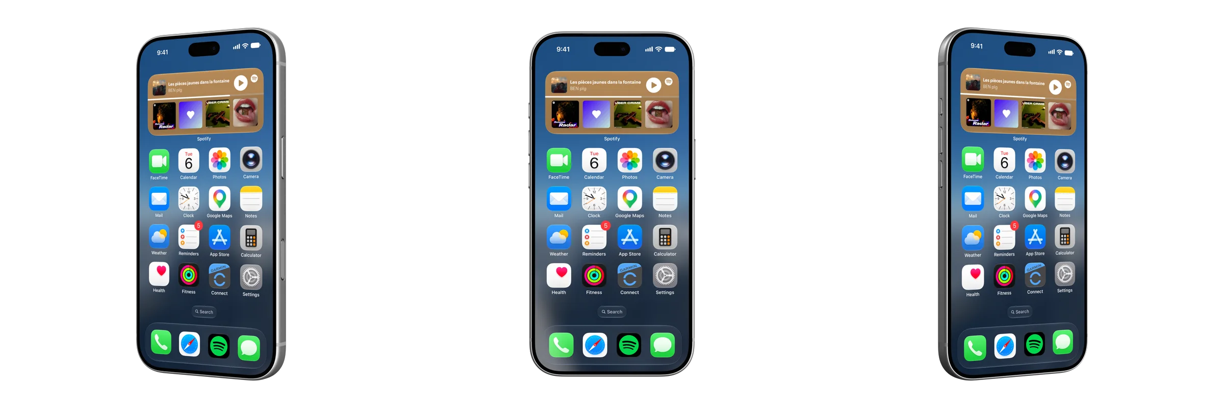 The same Silver iPhone 18 Pro three times on a transparent background: turned to the left, straight on, and turned to the right, all the same size
