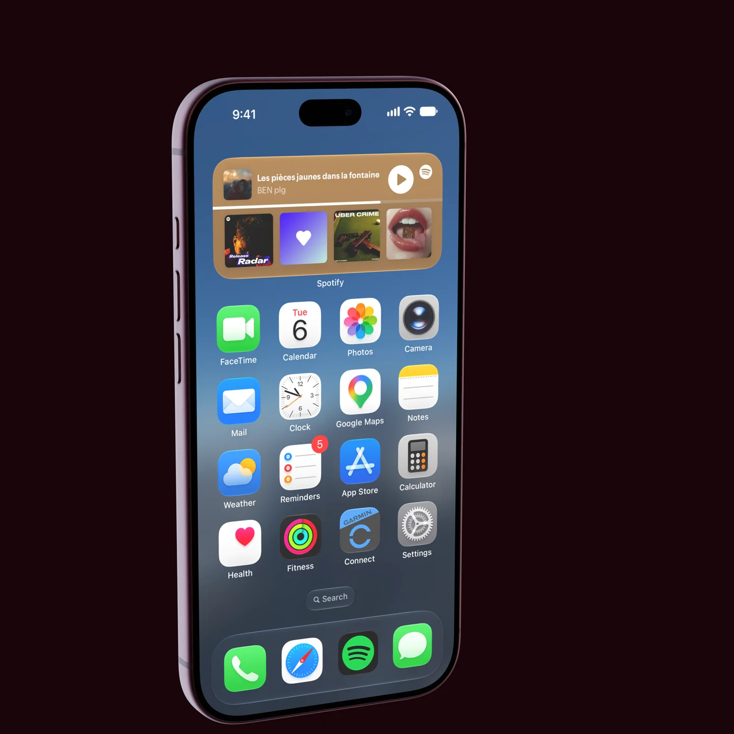 A Burgundy iPhone 18 Pro rendered in 3D on a very dark burgundy background, turned slightly so its left edge shows, with a home screen on its display and a clean 9:41 status bar